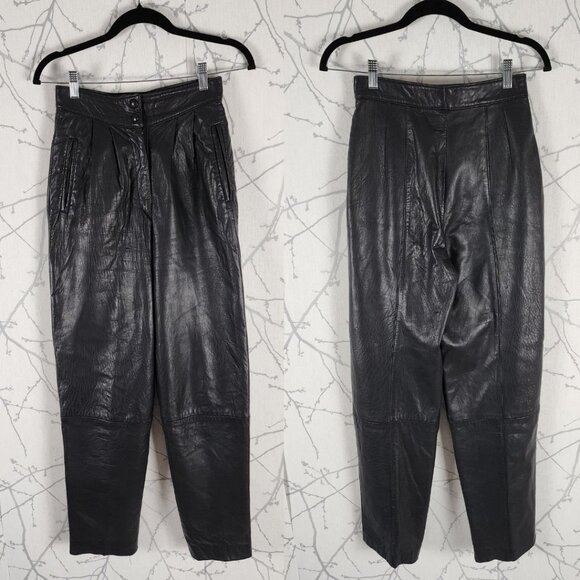 PCFL Vtg Dark Navy Leather High Rise Pleated Front Pants - Picture 1 of 7